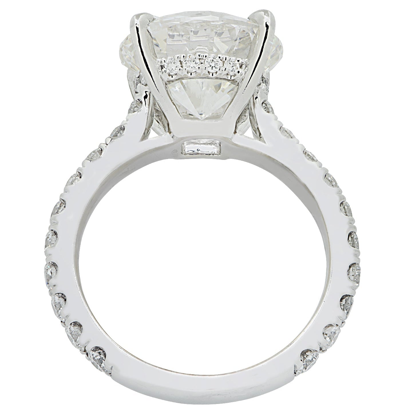 Sophisticated rear view of the Vivid Diamonds GIA Certified 4.63 Carat Round Brilliant Diamond Engagement Ring in Platinum, highlighting the exquisite craftsmanship and setting of the diamond.