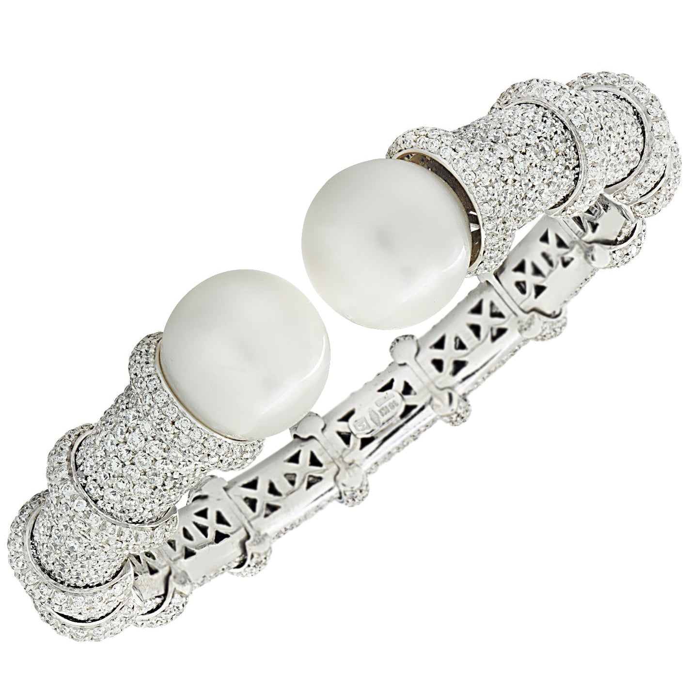 10 Carat Pave Diamond Cuff Bracelet featuring 14mm South Sea Pearls in 18K White Gold by Vivid Diamonds, showcasing a luxurious design with sparkling diamonds and elegant pearls.
