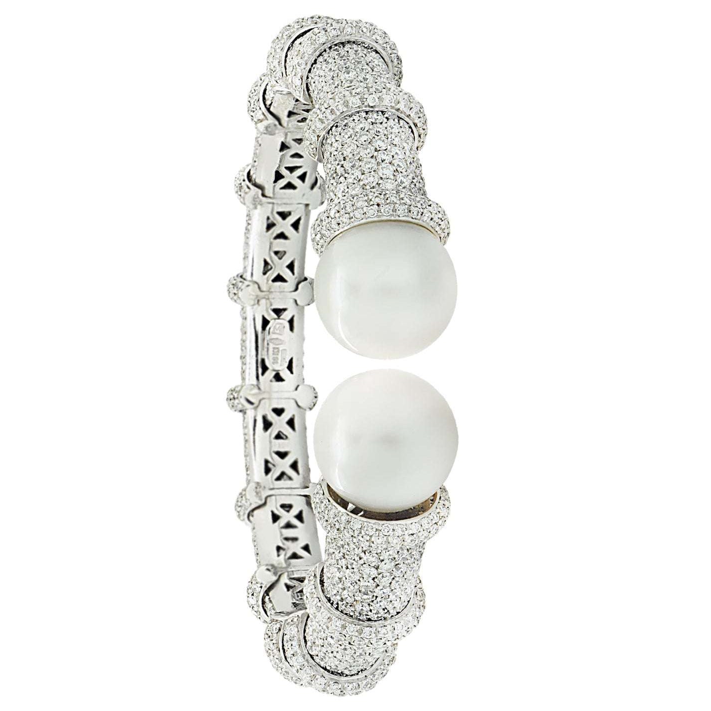Stunning 10 Carat Pave Diamond Cuff Bracelet featuring 14mm South Sea Pearls in luxurious 18K White Gold by Vivid Diamonds, showcasing exquisite craftsmanship and sparkling elegance.