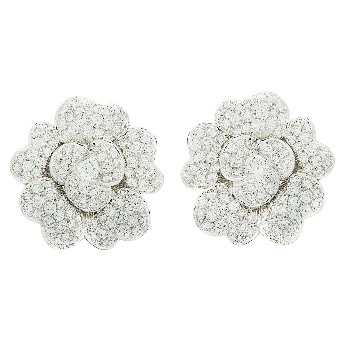 Exquisite 10 Carat Diamond Flower Earrings in 18K White Gold by Vivid Diamonds, designed with intricate pave detailing and dazzling G color diamonds for a timeless appeal.