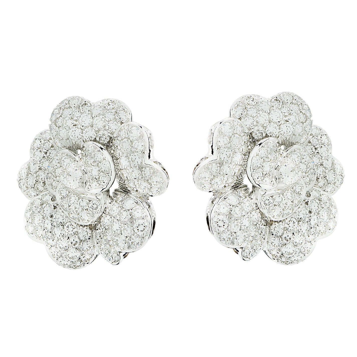 Elegant 10 Carat Diamond Flower Earrings in 18K White Gold by Vivid Diamonds, featuring a luxurious pave floral motif adorned with brilliant G color diamonds.