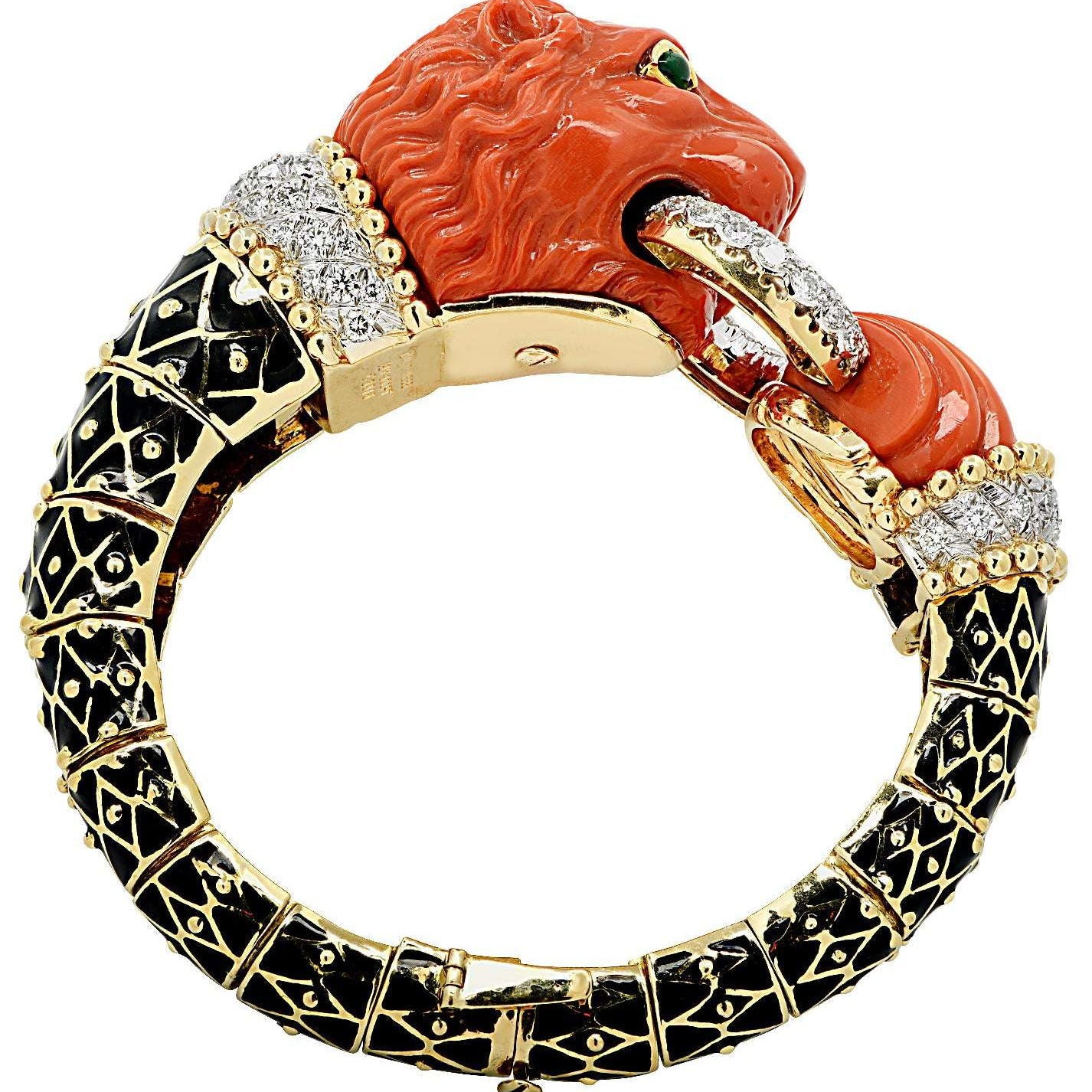 David Webb “Curly Lion” Coral, Diamond & Enamel Bangle – V46594 Vivid Diamonds