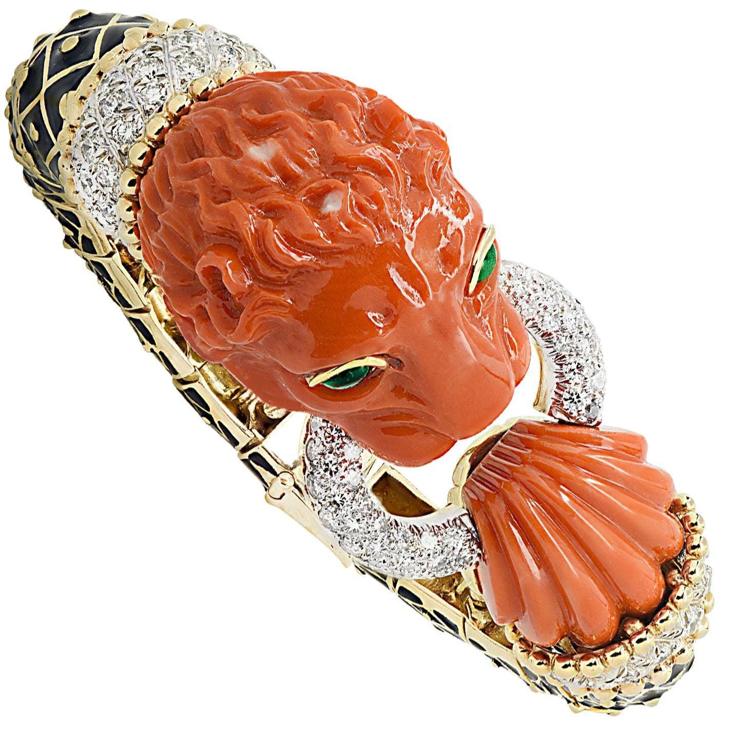 David Webb “Curly Lion” Coral, Diamond & Enamel Bangle – V46594 Vivid Diamonds