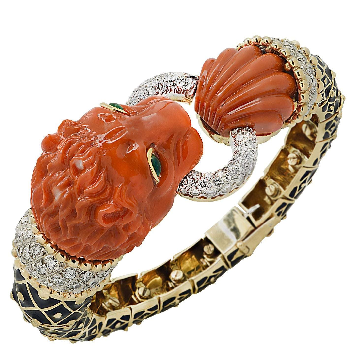 David Webb “Curly Lion” Coral, Diamond & Enamel Bangle – V46594 Vivid Diamonds