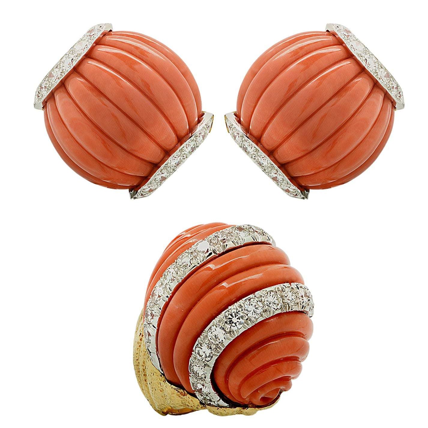 David Webb Fluted Coral & Diamond Jewelry Set showcasing exquisite platinum and 18K gold design, featuring vibrant fluted coral and sparkling round-cut diamonds, by Vivid Diamonds.