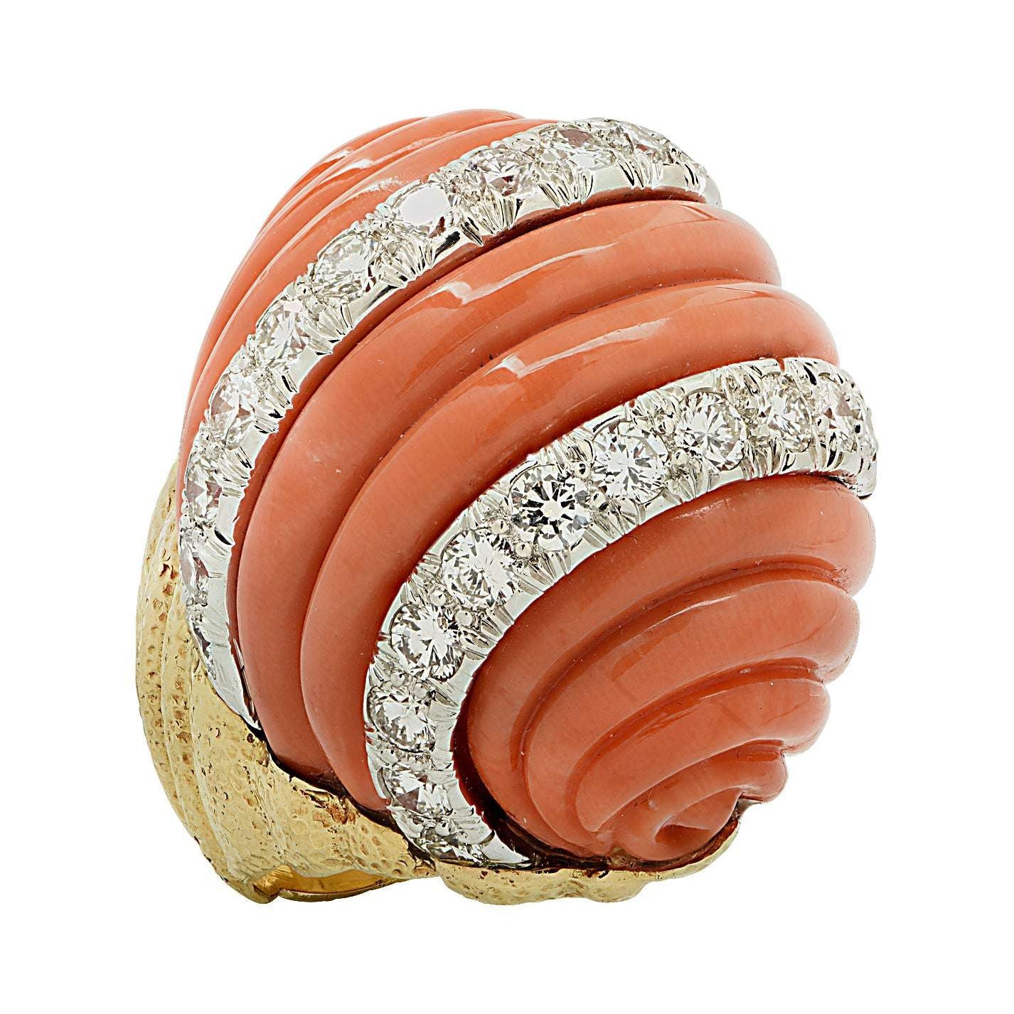 David Webb Fluted Coral & Diamond Ring featuring vibrant fluted coral and dazzling diamonds, crafted in platinum and 18K gold by Vivid Diamonds, an exquisite luxury jewelry piece.