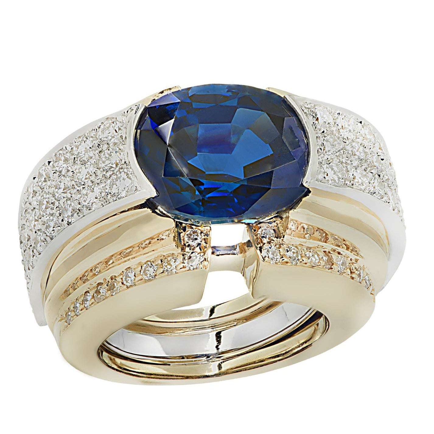 Luxury David Webb 10.20 Carat Sapphire Ring with 2.00 Carats Diamonds in Platinum & 18K Yellow Gold, presenting a captivating sapphire centerpiece accented by glittering diamonds, exclusively from Vivid Diamonds.