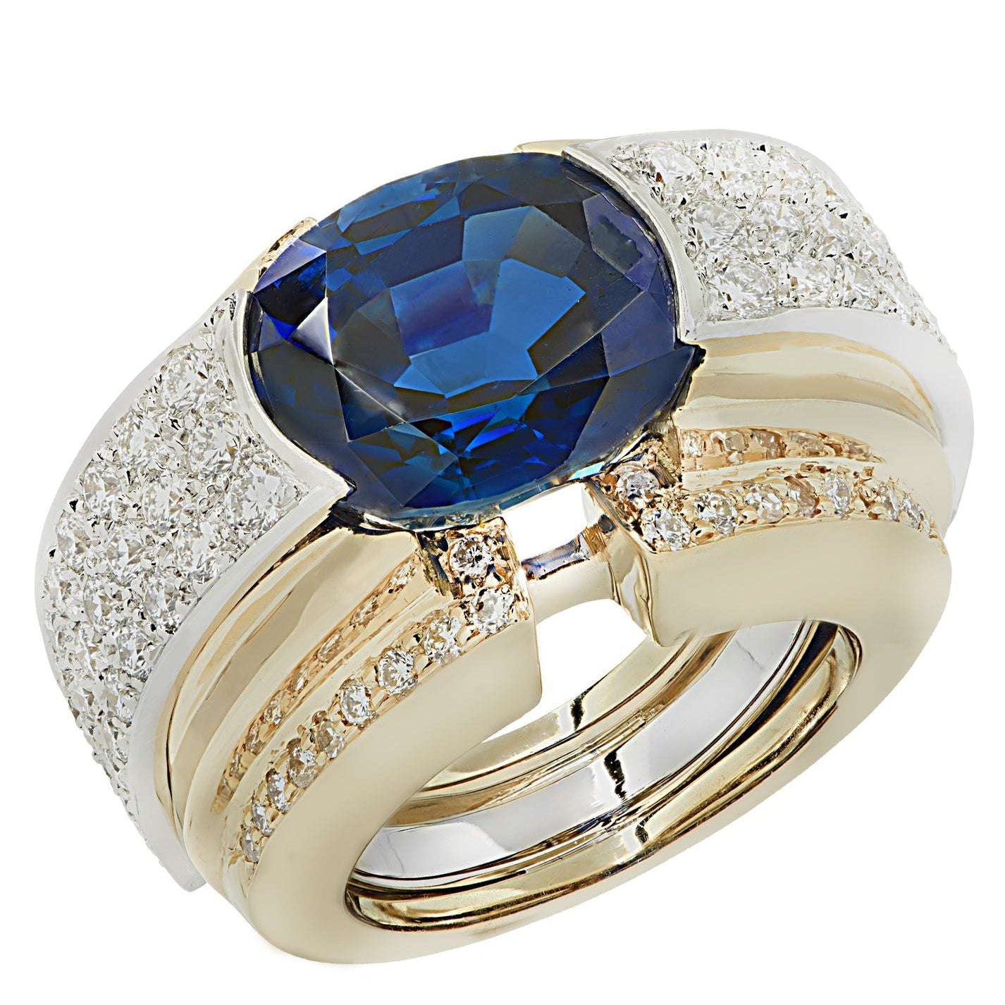 David Webb 10.20 Carat Sapphire Ring with 2.00 Carats Diamonds in Platinum & 18K Yellow Gold, featuring a striking oval-cut sapphire set against a shimmering diamond band, crafted by Vivid Diamonds.