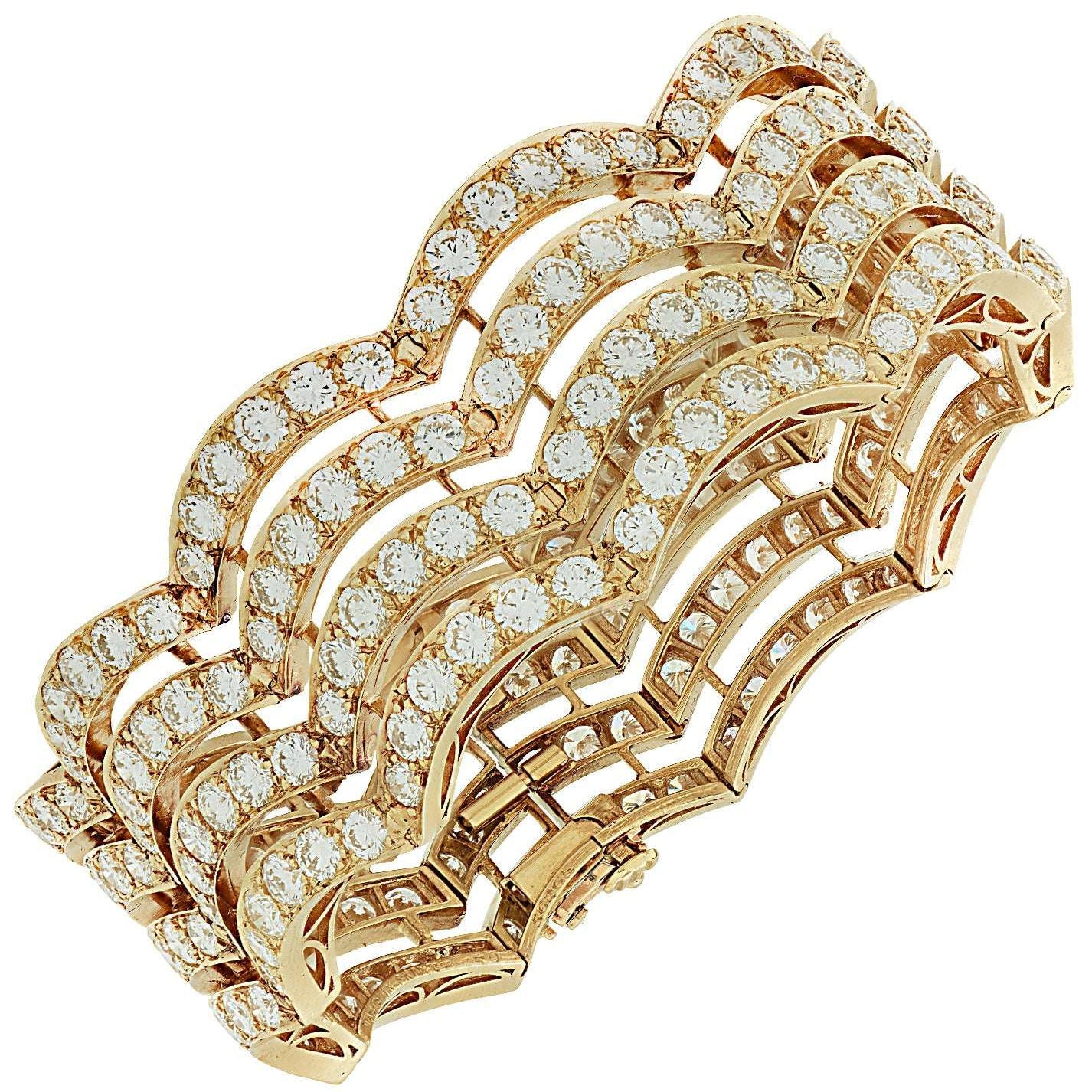 Stunning Vintage 1970s Van Cleef & Arpels 26 Carat Diamond Bracelet in 18K Yellow Gold by Vivid Diamonds showcasing intricate design and luxurious diamonds.