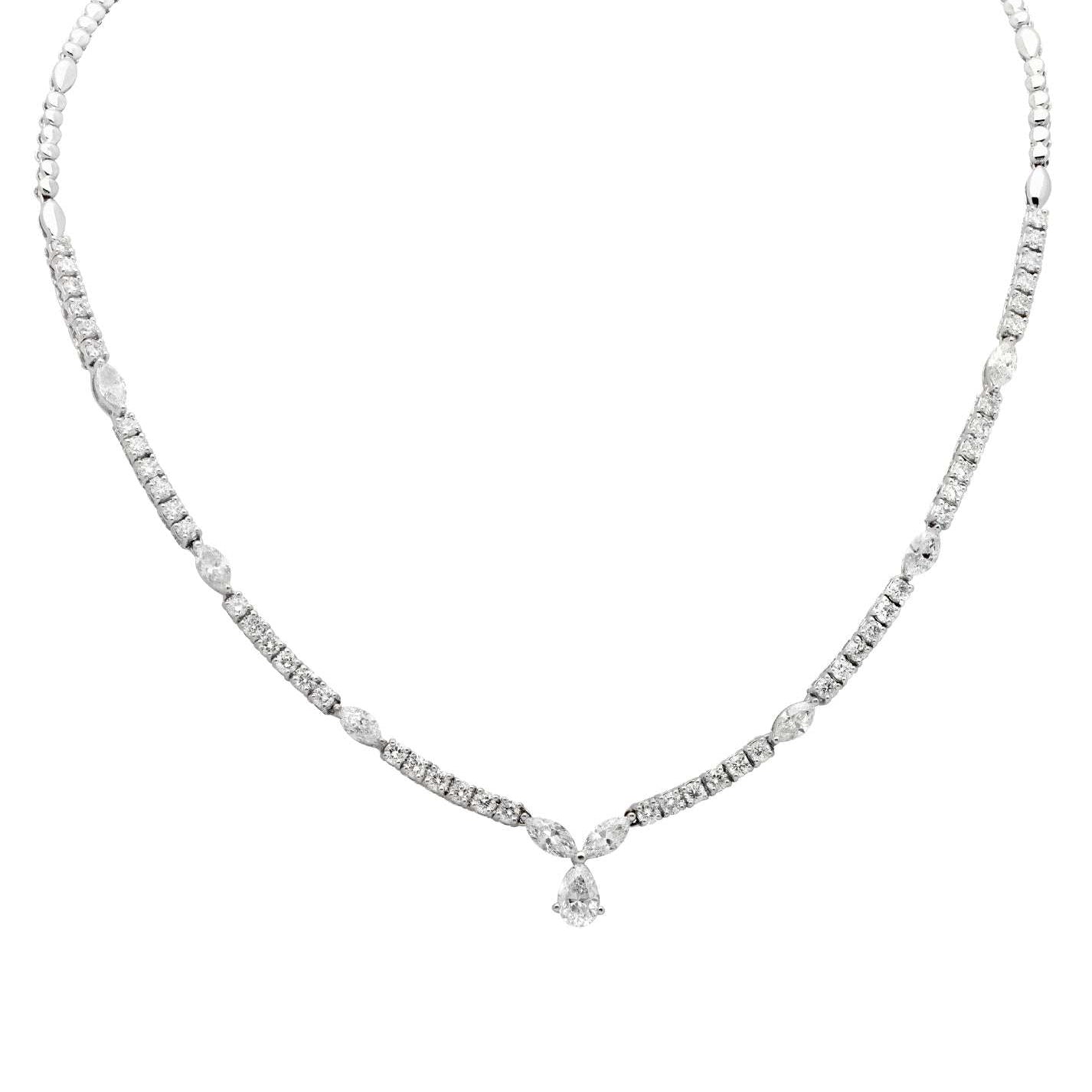 Elegant view of the 7.51 Ct Diamond Pear Drop Necklace by Vivid Diamonds showcasing the exquisite pear-shaped gemstone and intricate diamond detailing in 18K white gold.
