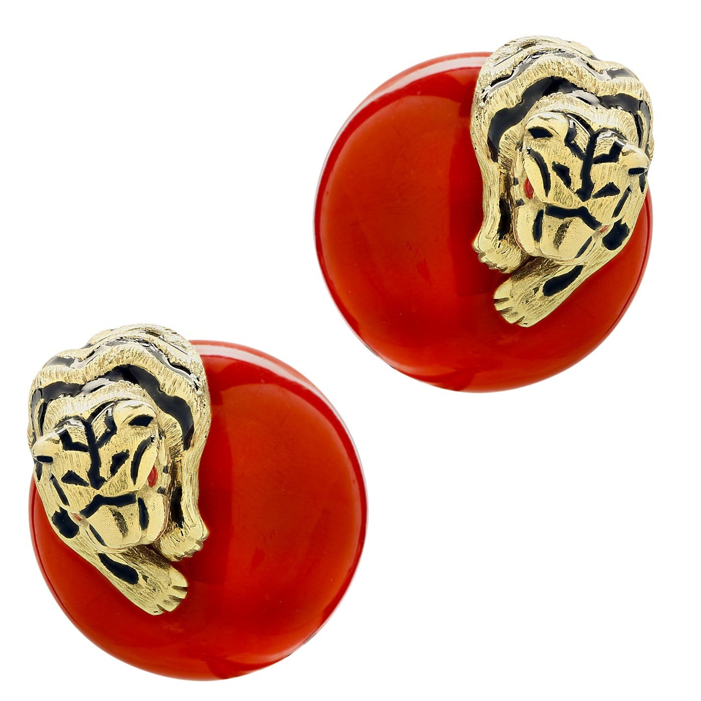 Luxurious David Webb 18K Gold Coral & Ruby Tiger Earrings showcasing intricate tiger design with black enamel stripes and vibrant oxblood coral, perfect statement jewelry by Vivid Diamonds.
