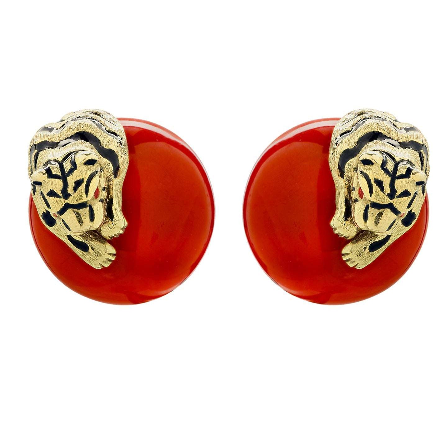Elegant view of David Webb 18K Gold Coral & Ruby Tiger Earrings showcasing intricate tiger motifs on rich coral orbs, a stunning example of luxury jewelry by Vivid Diamonds.