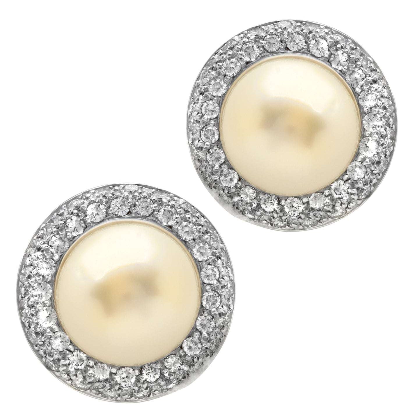 Exquisite 18K White Gold Pearl & Diamond Earrings - V47314 by Vivid Diamonds featuring lustrous pearls surrounded by brilliant round diamonds.