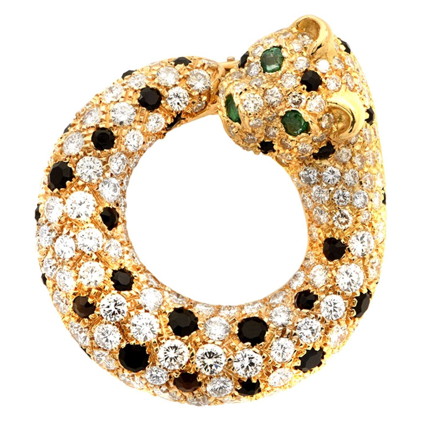 Luxurious Panther Hoop Earrings by Vivid Diamonds, featuring a stunning 18K Yellow Gold setting embellished with diamonds and emerald eyes, perfect for elegant accessorizing.