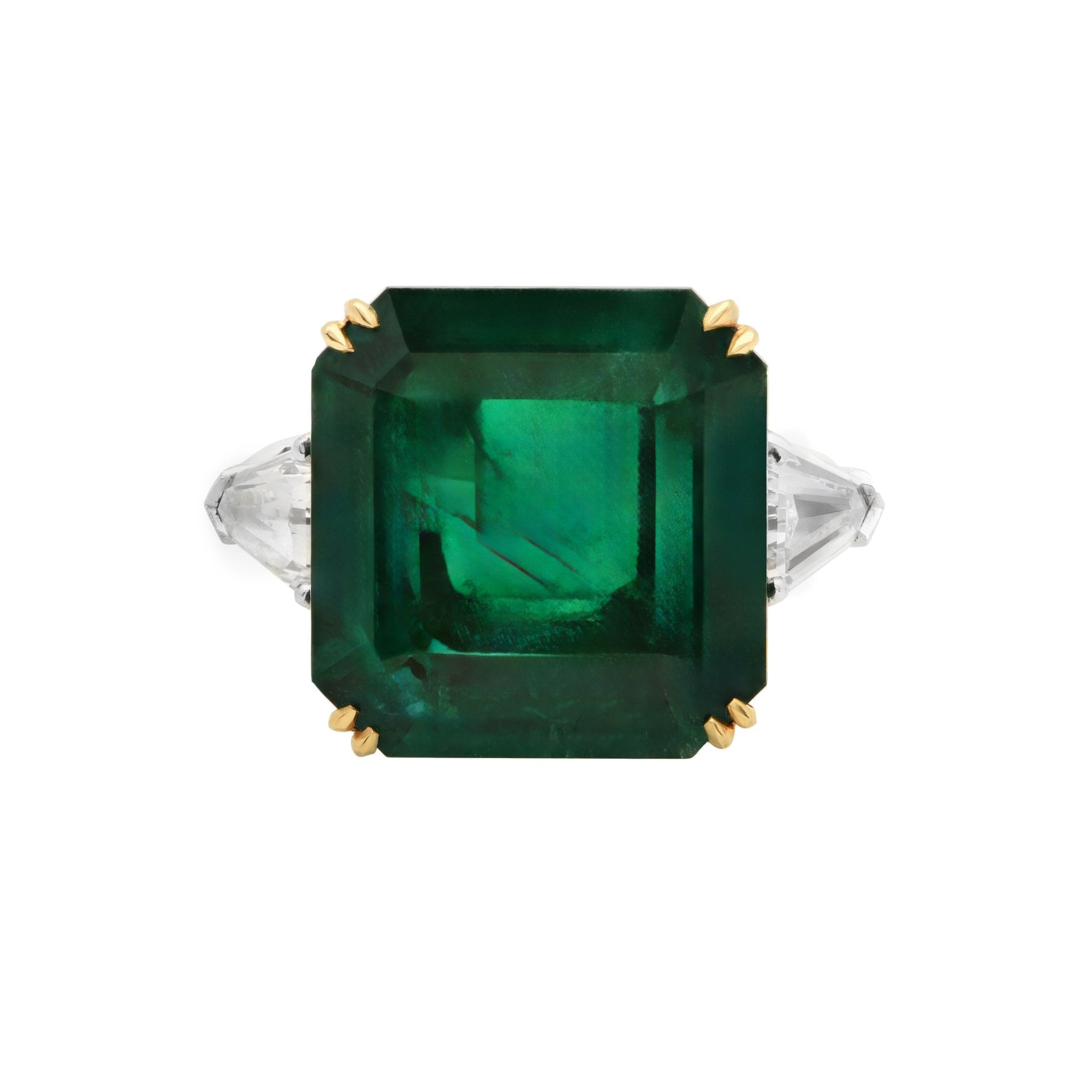 Majestic 15.48 Carat Emerald-Cut Emerald and Diamond Platinum Ring by Vivid Diamonds highlighting the vibrant emerald stone surrounded by sparkling side diamonds, capturing elegance and luxury in a timeless design.