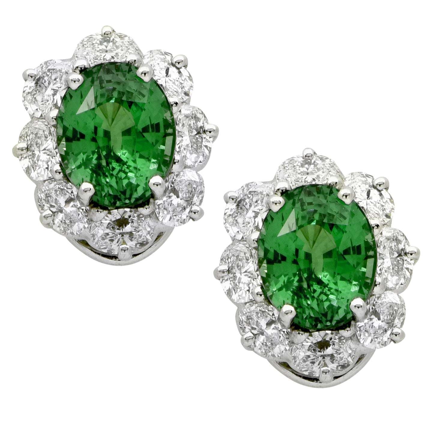 Luxury Oscar Heyman Platinum Tsavorite & Diamond Earrings featuring lush green tsavorite gemstones and sparkling diamonds, offered by Vivid Diamonds.