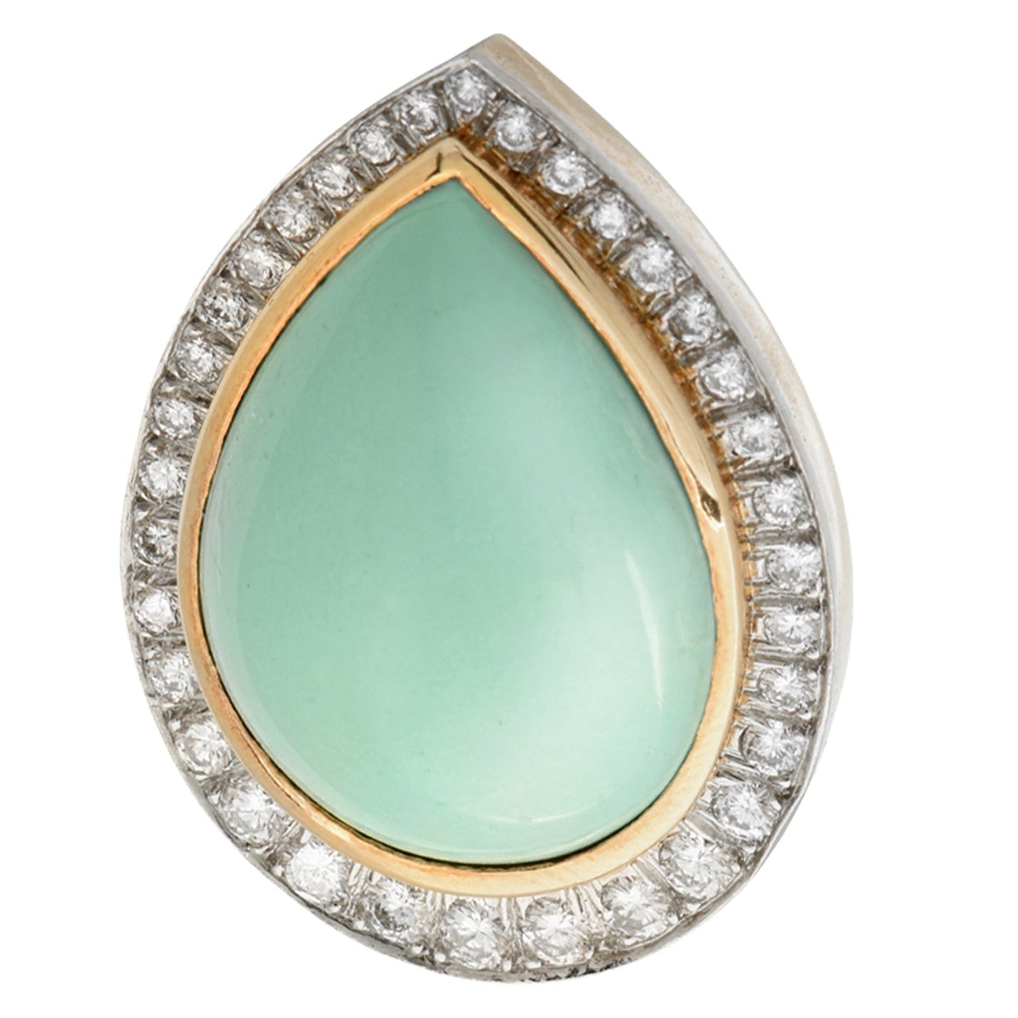 Stunning David Webb Turquoise earring featuring a vibrant cabochon-cut turquoise stone surrounded by a halo of diamonds, crafted from platinum and 18K yellow gold, from Vivid Diamonds.