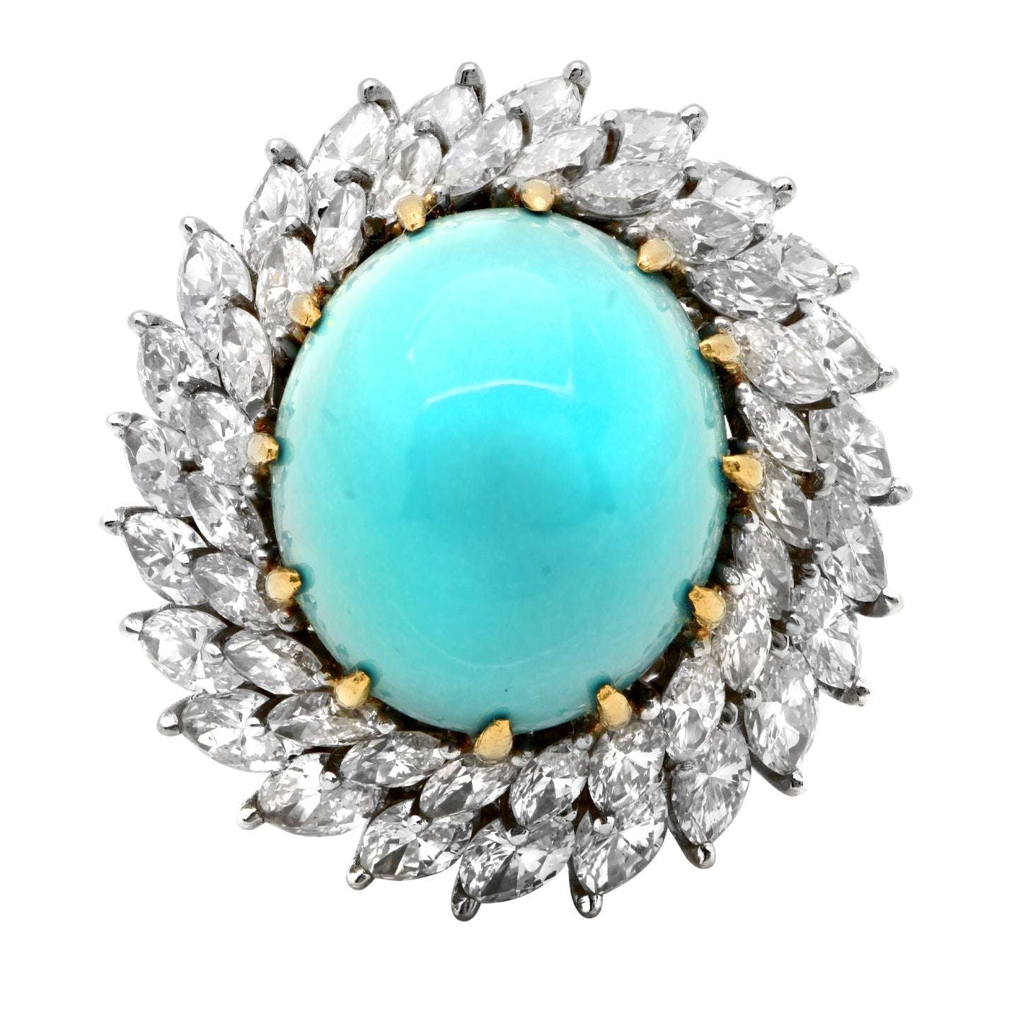 Close-up view of the luxurious 28.2 Carat Turquoise and 7.75 Carat Diamond Ring by Vivid Diamonds, showcasing the striking turquoise center and intricate diamond arrangement in a stunning design.