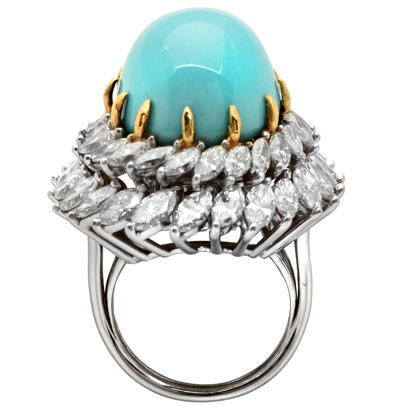 28.2 Carat Turquoise and 7.75 Carat Diamond Ring by Vivid Diamonds, featuring a vibrant round turquoise cabochon set in Platinum and 18K Yellow Gold with a sparkling double halo of diamonds.
