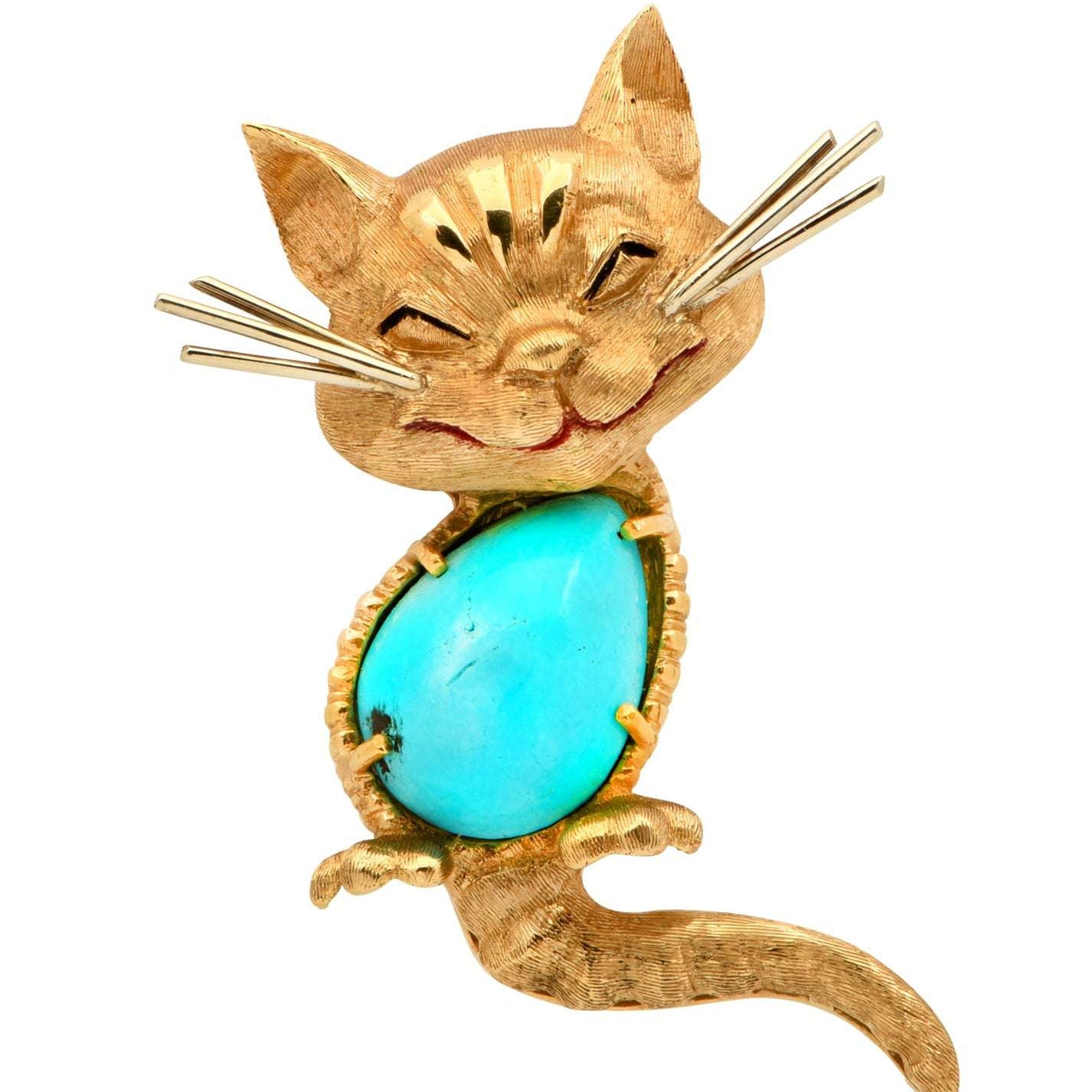 Cartier 18K Yellow Gold Turquoise Cat Brooch by Vivid Diamonds, showcasing exquisite craftsmanship with a whimsical feline design, featuring a vibrant turquoise gemstone.