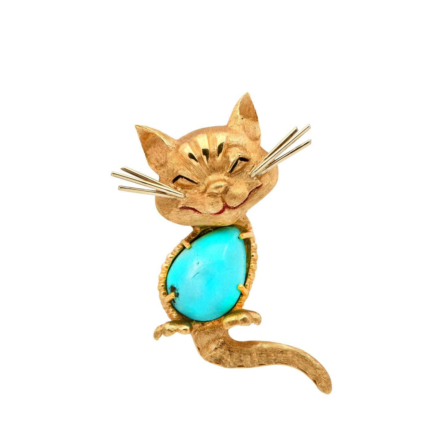 Close-up view of Cartier 18K Yellow Gold Turquoise Cat Brooch from Vivid Diamonds, highlighting intricate details and playful elegance of the charming cat motif.