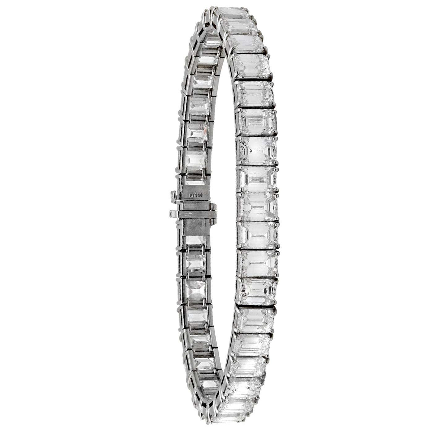 Stunning view of the Elegant Platinum Diamond Bracelet with 34 emerald-cut diamonds weighing 34.16 carats, designed by Vivid Diamonds for a timeless luxury appeal.