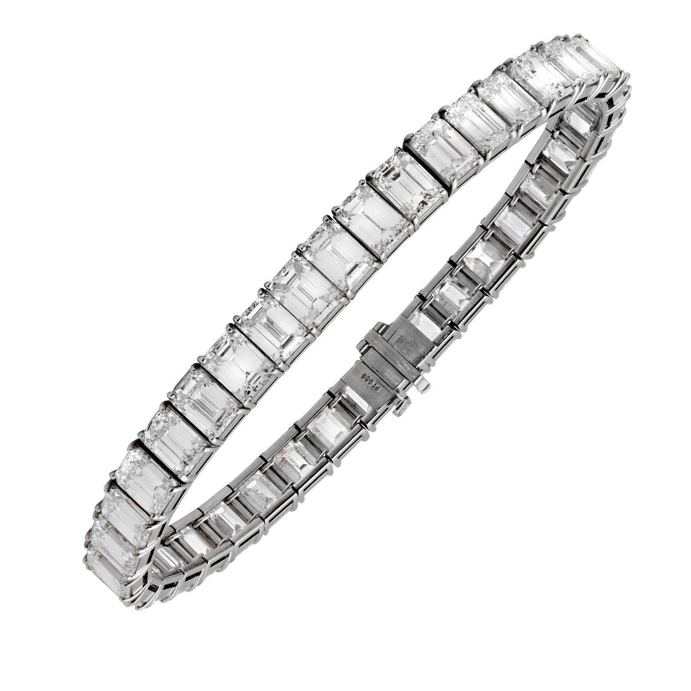 Elegant Platinum Diamond Bracelet featuring 34 Emerald Cut Diamonds, 34.16 Carats, VVS-VS Clarity by Vivid Diamonds. A masterpiece of luxury jewelry showcasing geometric brilliance and timeless elegance.
