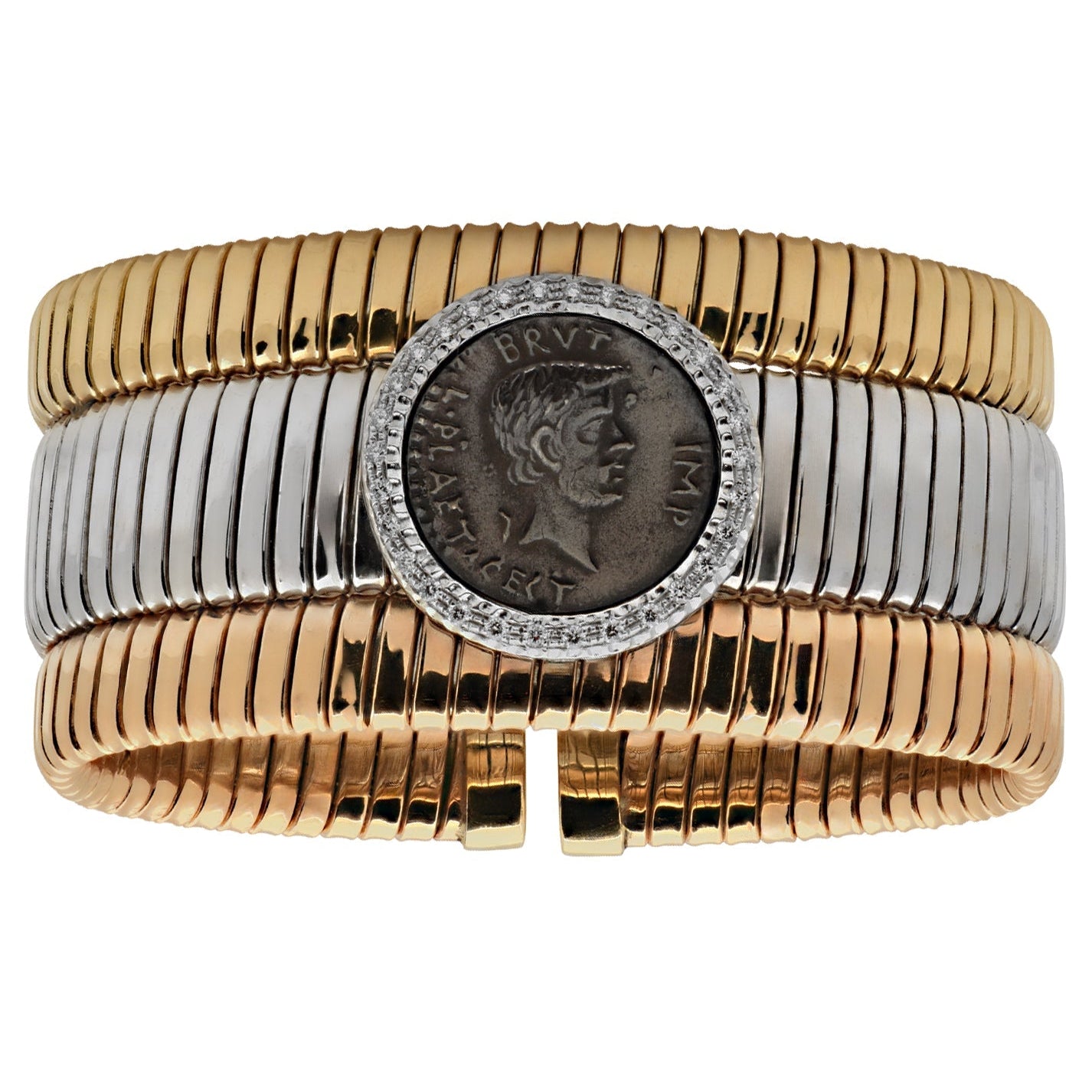 Tessitore 18K Tri-Color Gold Coin Bracelet with Diamonds – Italian Tubogas Elegance by Vivid Diamonds, featuring an exquisite design of tri-color gold and a prominent Roman coin accentuated by a halo of sparkling diamonds.