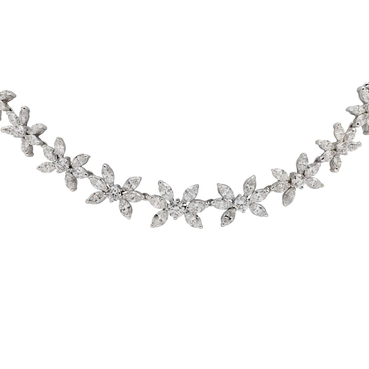 Elegant close-up view of the 27.00Ct Diamond Floral Necklace by Vivid Diamonds. Stunning floral motifs adorned with 159 brilliant diamonds in a lustrous platinum setting, highlighting unparalleled craftsmanship.