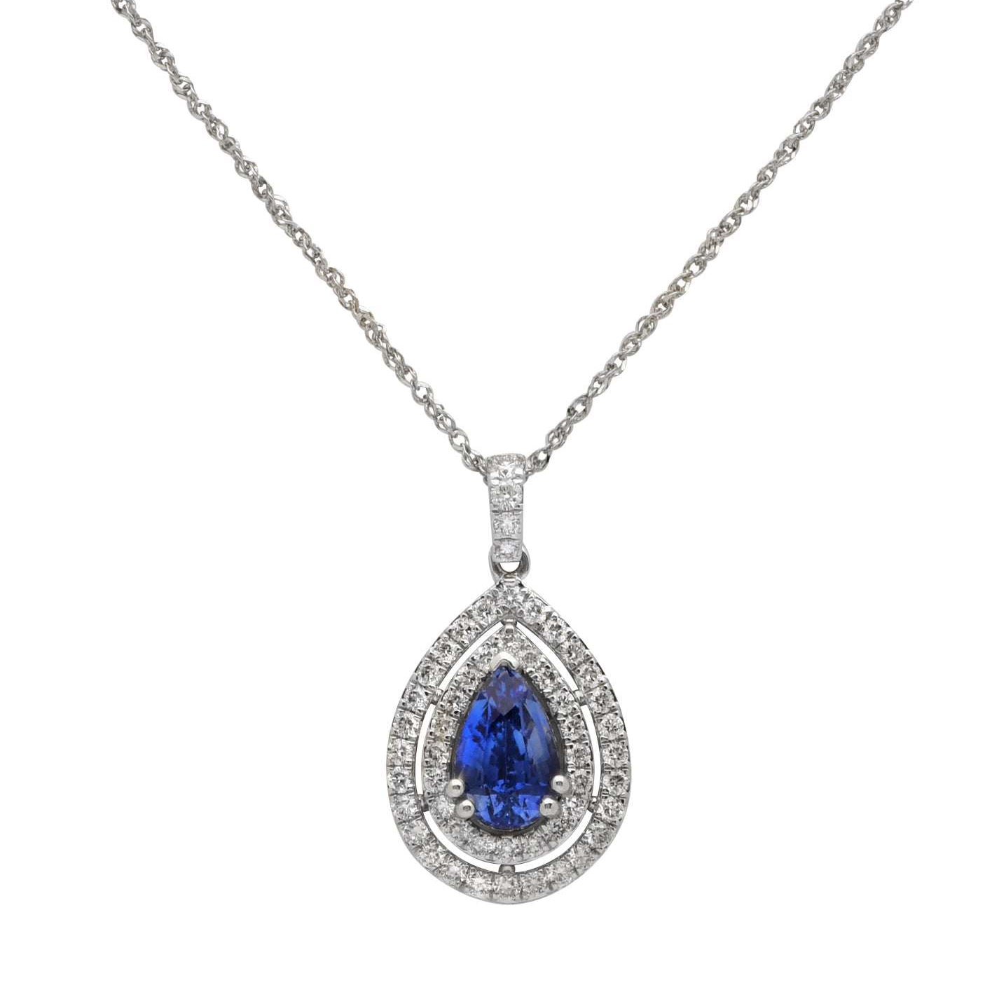 1.94Ct Pear-Shaped Sapphire Necklace in White Gold Surrounded by 52 Diamonds by Vivid Diamonds, showcasing a brilliant pear-shaped sapphire with sparkling diamond halo.