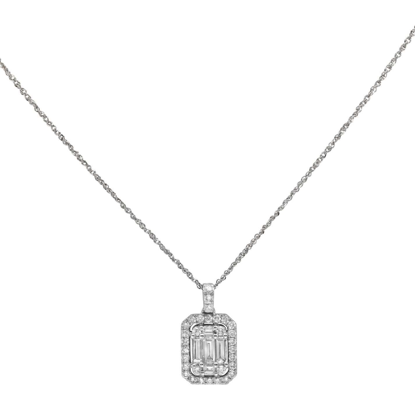 Elegant 0.85 Ct White Gold Diamond & Baguette Necklace by Vivid Diamonds showcased against a white background, highlighting its modern Art Deco design with five baguette-cut diamonds and a halo of round diamonds.