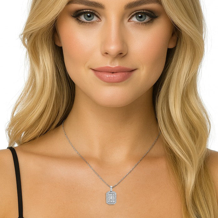 Model wearing the Elegant 0.85 Ct White Gold Diamond & Baguette Necklace by Vivid Diamonds, demonstrating its luxurious appeal and modern Art Deco design on a sophisticated neckline.