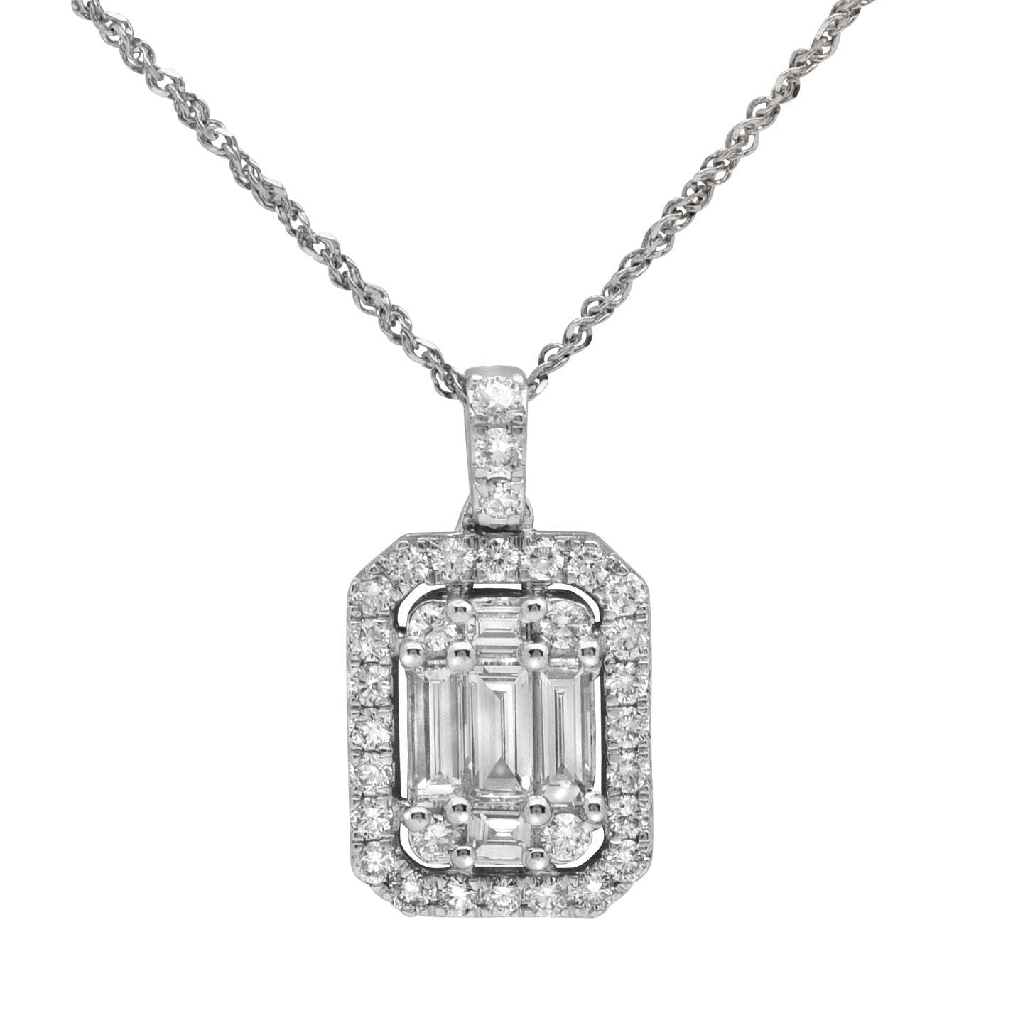 Elegant White Gold Diamond and Baguette Necklace by Vivid Diamonds featuring a modern Art Deco design with a dazzling centerpiece of baguette-cut diamonds surrounded by round brilliant diamonds.