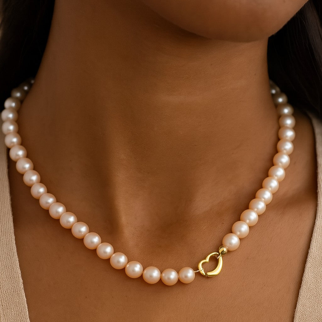 Close-up of an Elegant Pearl Necklace worn, highlighting its exquisite pearls and 18K yellow gold heart clasp, perfect for every occasion by Vivid Diamonds.