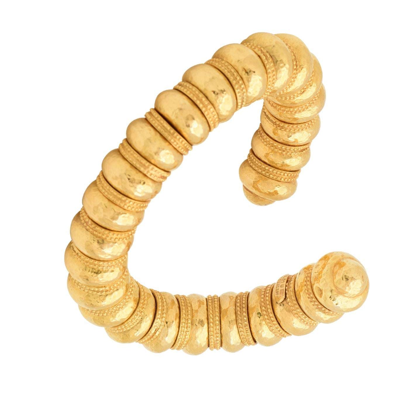 Lalaounis 18K Yellow Gold Hammered Bangle V48214 by Vivid Diamonds, emphasizing a beautifully crafted bangle with a bold and sophisticated design, perfect for enhancing any jewelry collection.