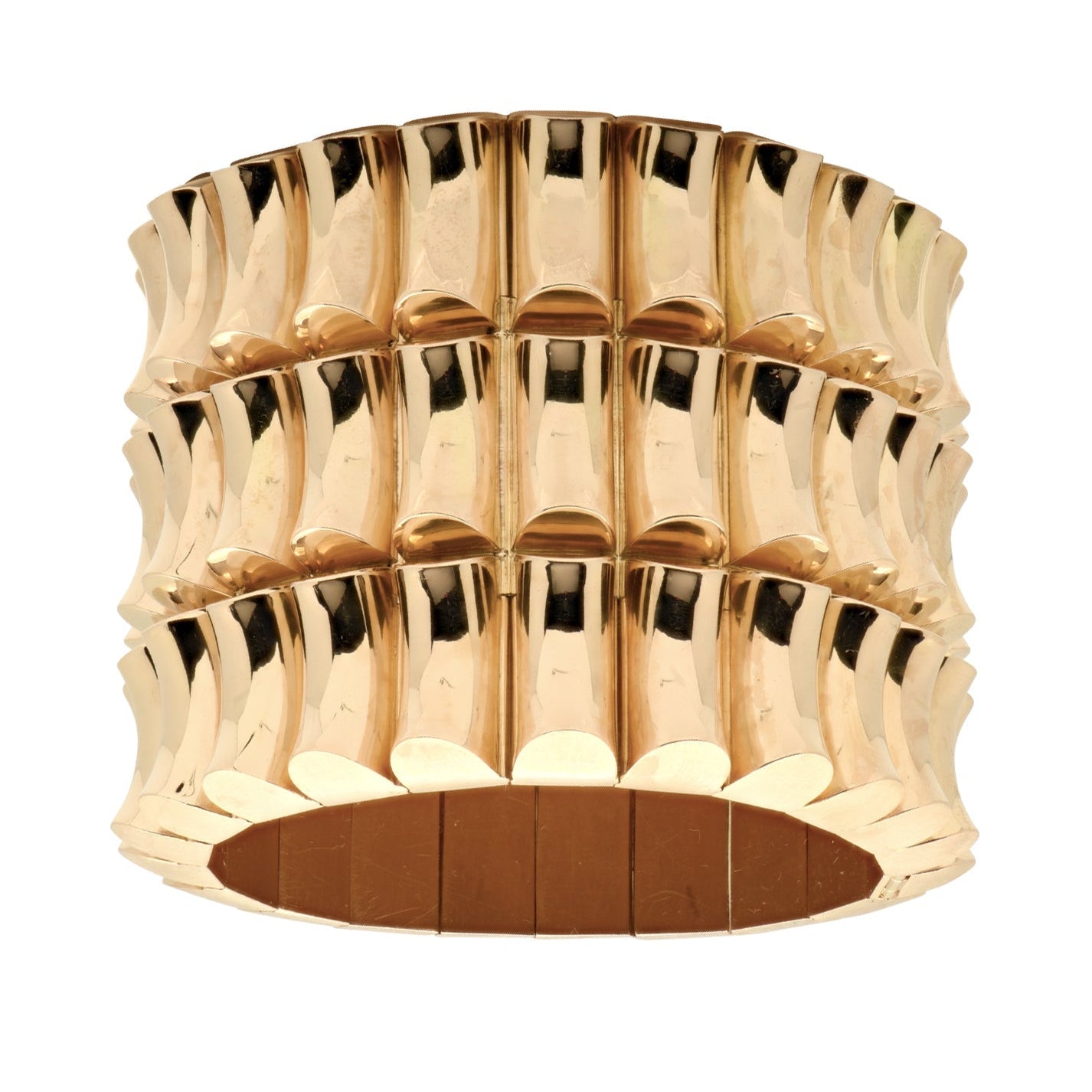 18K Yellow Gold Bracelet by Vivid Diamonds, featuring an architectural layered design, a bold statement piece weighing 217 grams that exemplifies luxury and sophistication.