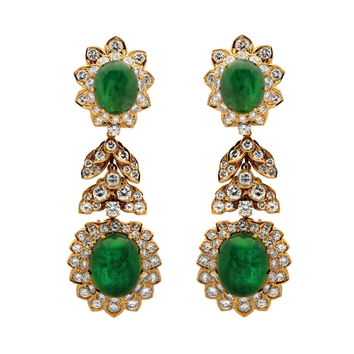 David Webb 18K Yellow Gold Emerald Cabochon & 9 Carat Diamond Dangle Earrings, featuring a luxurious design with shimmering diamonds and rich emeralds, ideal for sophisticated styling by Vivid Diamonds.