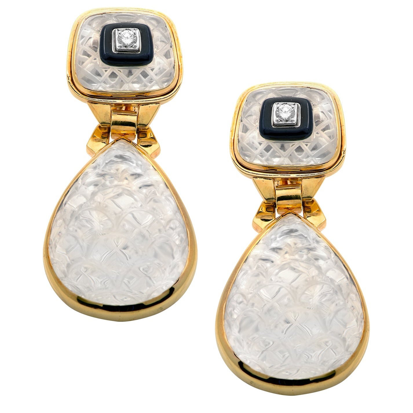 David Webb 18K Yellow Gold & Platinum Rock Crystal Dangle Earrings with Diamonds - V48549 showcasing carved rock crystal drops and diamond accents in an elegant design by Vivid Diamonds.
