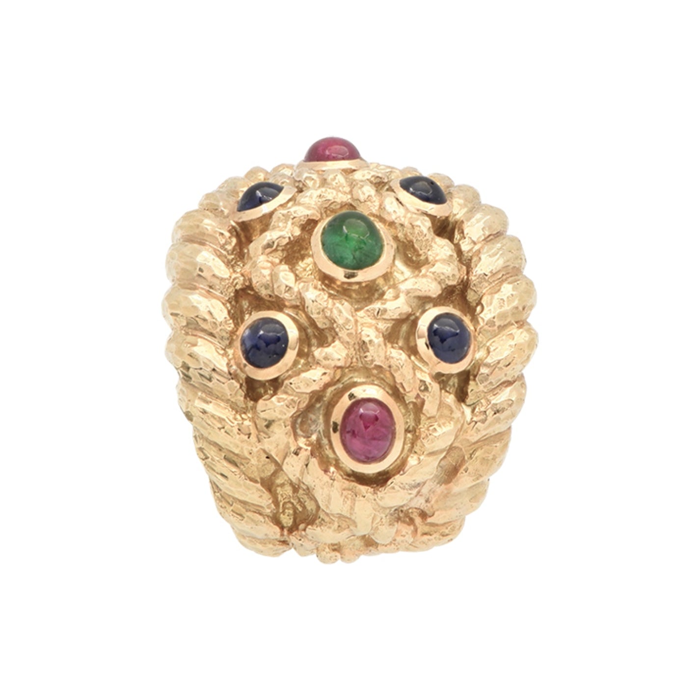 Luxurious David Webb 18K Gold Sapphire, Emerald & Ruby Cabochon Earrings showcasing a stunning blend of vibrant gemstones, crafted by Vivid Diamonds, with a unique hammered gold design that embodies elegance.