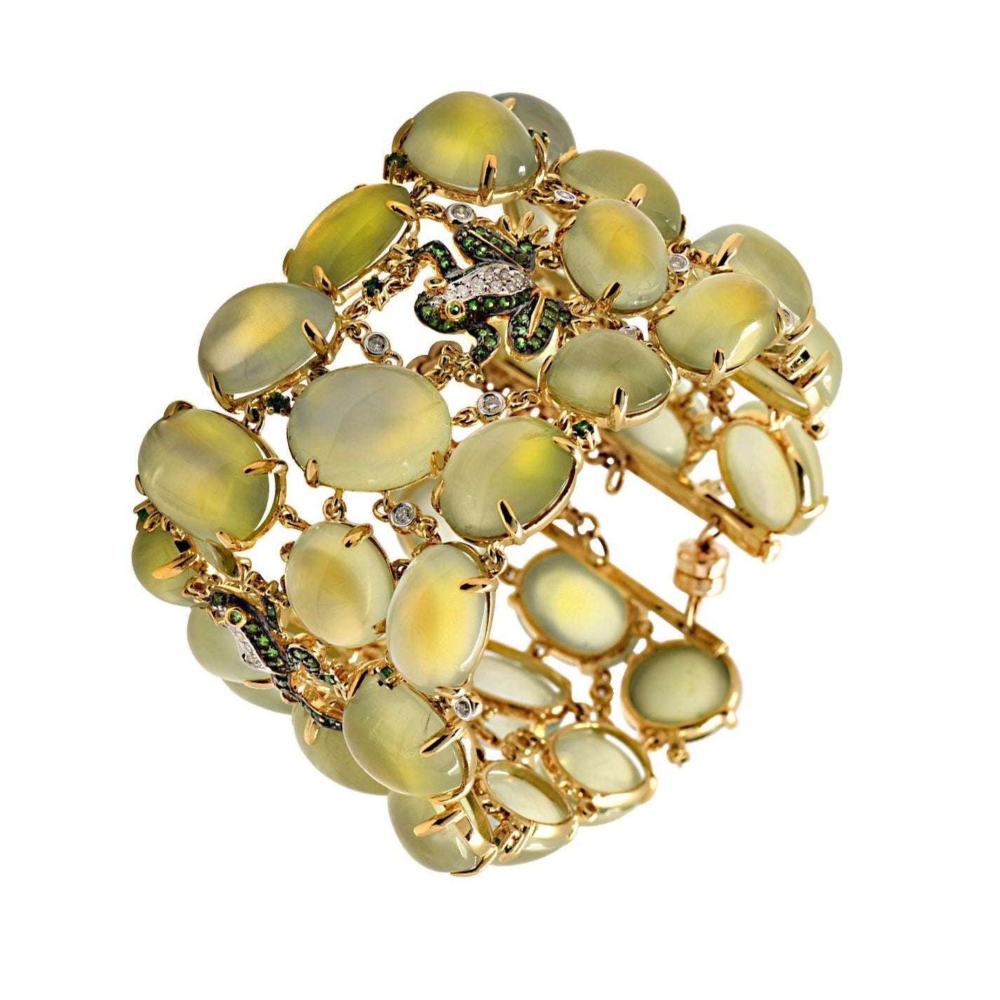 Elegant view of the Enchanting 18K Yellow Gold Moonstone Frog Bangle with Diamonds & Tsavorites by Vivid Diamonds, featuring intricate details and vibrant tsavorites that enhance its luxurious appeal.