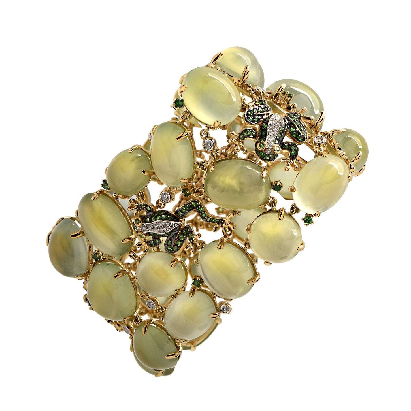 Enchanting 18K Yellow Gold Moonstone Frog Bangle with Diamonds & Tsavorites by Vivid Diamonds, showcasing a whimsical frog design adorned with lustrous moonstones and sparkling diamonds.