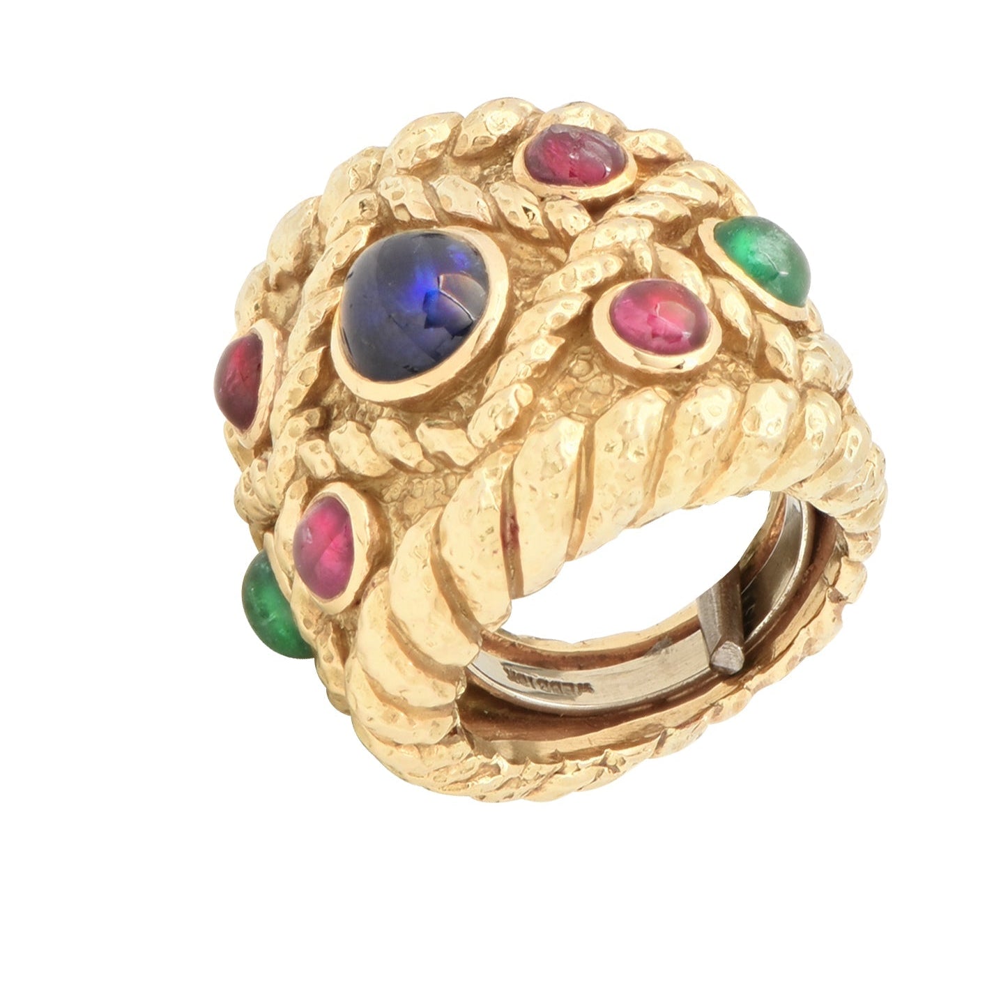 David Webb 18K Yellow Gold Ring featuring 2 Emeralds, 4 Rubies, and 1 Sapphire - 7.46 Carat Masterpiece by Vivid Diamonds, showcasing a unique hammered gold design with vibrant gemstones for a luxurious finish.