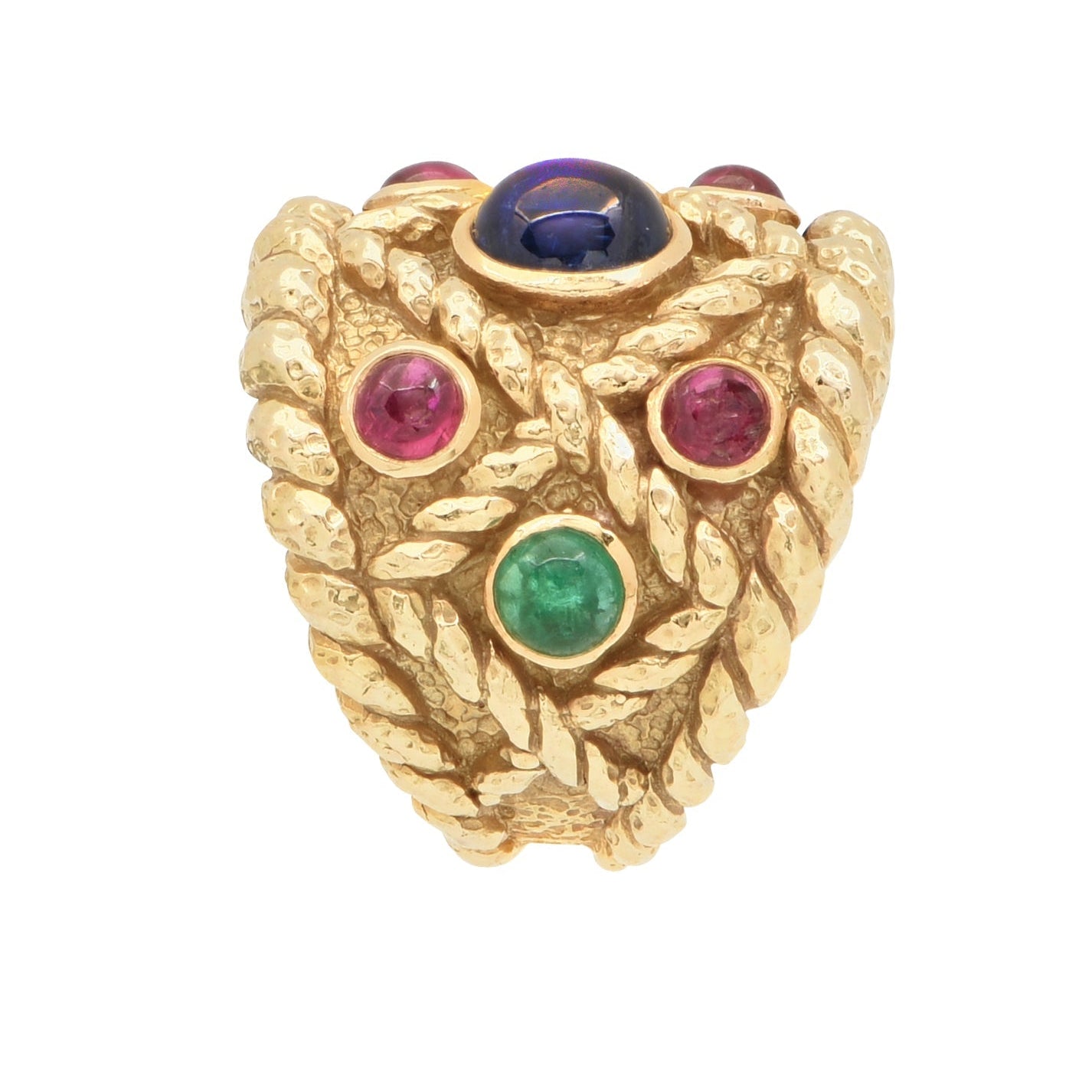 Stunning David Webb 18K Yellow Gold Ring adorned with emeralds, rubies, and a sapphire, elegantly designed with a unique texture, offered by Vivid Diamonds.
