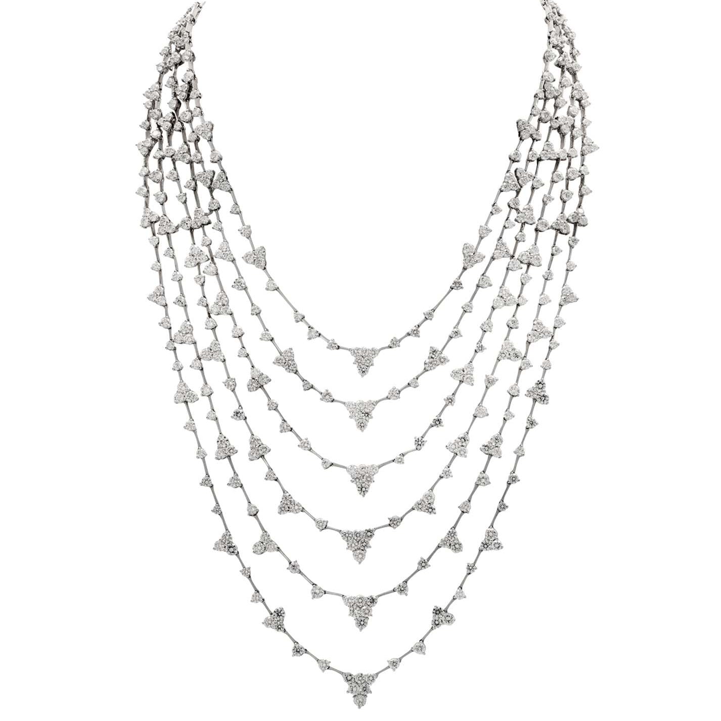 Close-up view of the 35 Carat Multi-Strand Diamond Necklace in 18K White Gold by Vivid Diamonds, showcasing intricate details of the diamond arrangement for a stunning luxurious appearance.