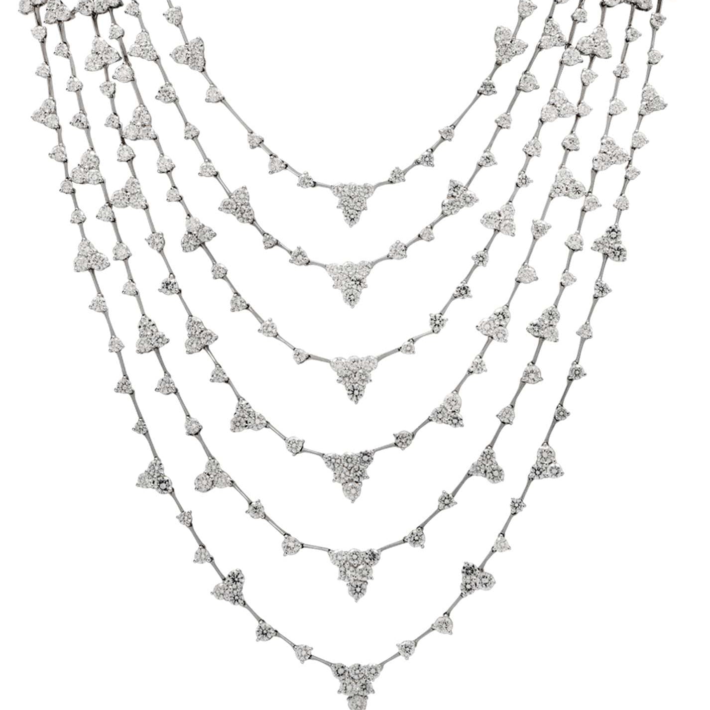 35 Carat Multi-Strand Diamond Necklace in 18K White Gold by Vivid Diamonds, featuring a cascading layered design with 388 brilliant-cut diamonds that enhance elegance and luxury.