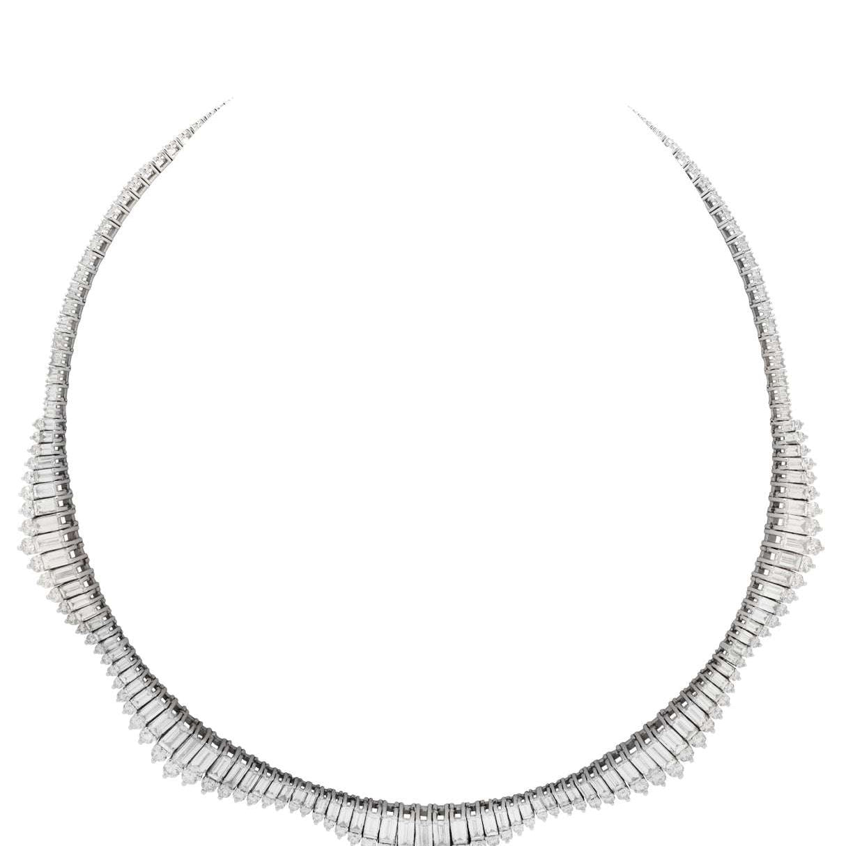 Close-up view of the Elegant Baguette & Round Brilliant Diamond Necklace in 14K White Gold by Vivid Diamonds, highlighting the exquisite craftsmanship and stunning diamond arrangement that exemplifies luxury and sophistication.