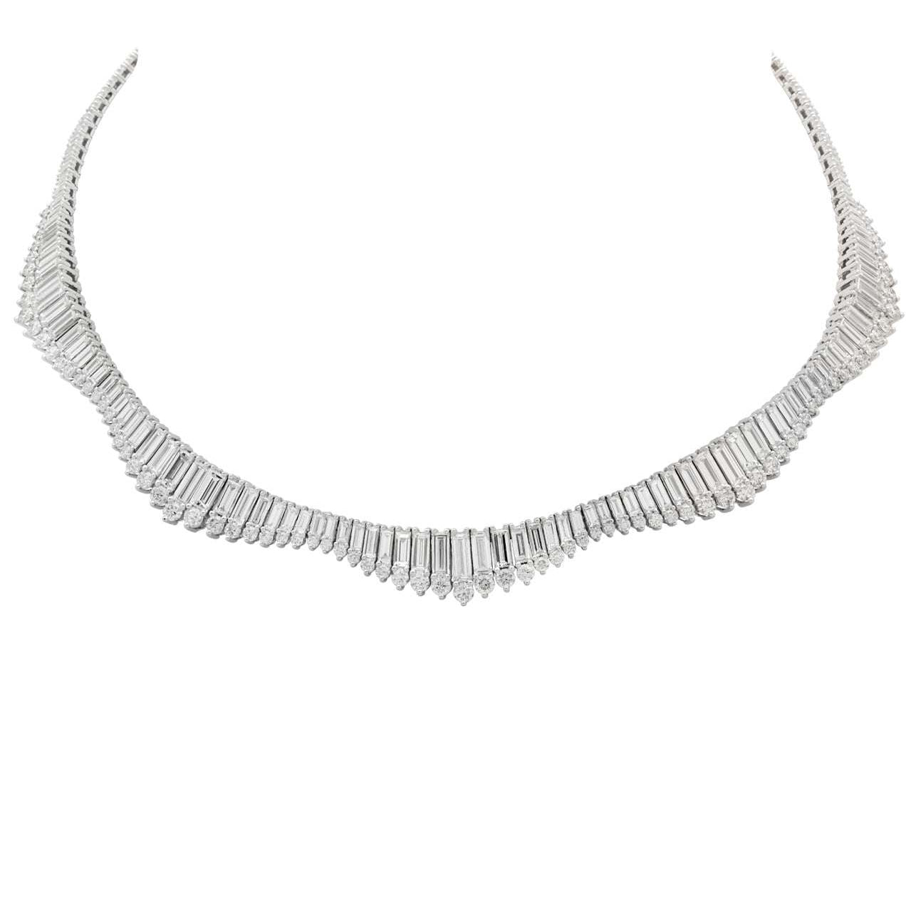 Elegant Baguette & Round Brilliant Diamond Necklace in 14K White Gold by Vivid Diamonds showcasing a sophisticated design with alternating baguette and round cut diamonds, radiating luxury and elegance.