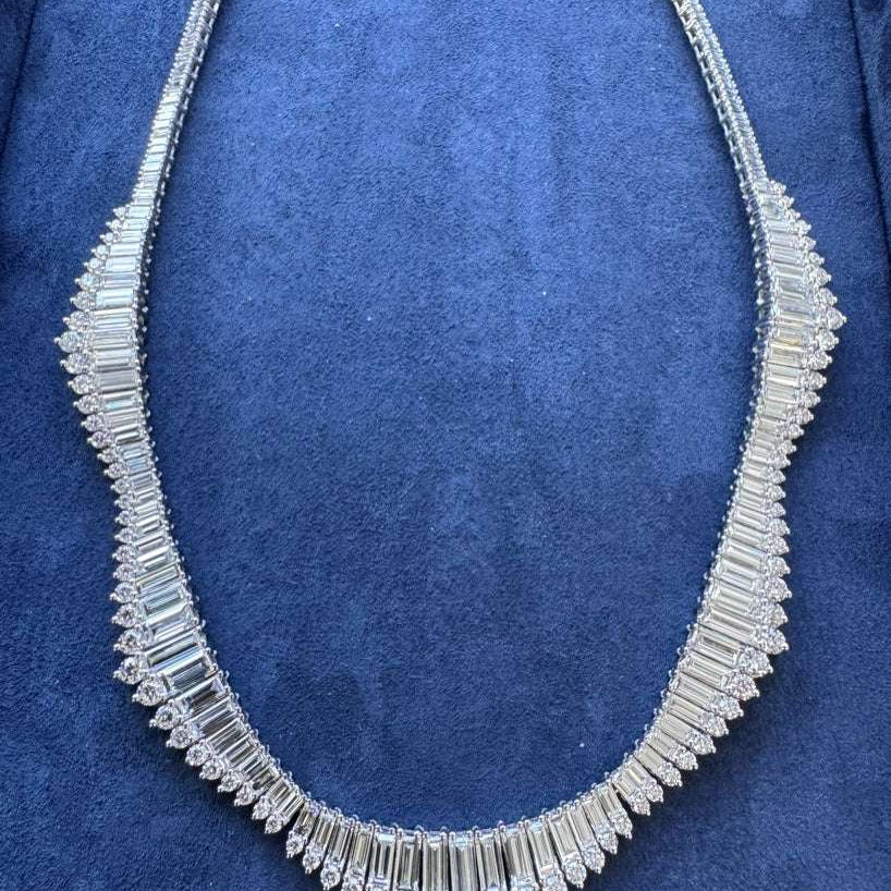 Stunning 25.50Ct Elegant Baguette & Round Brilliant Diamond Necklace showcased in 14K White Gold by Vivid Diamonds, highlighting its exquisite craftsmanship and luxurious design.