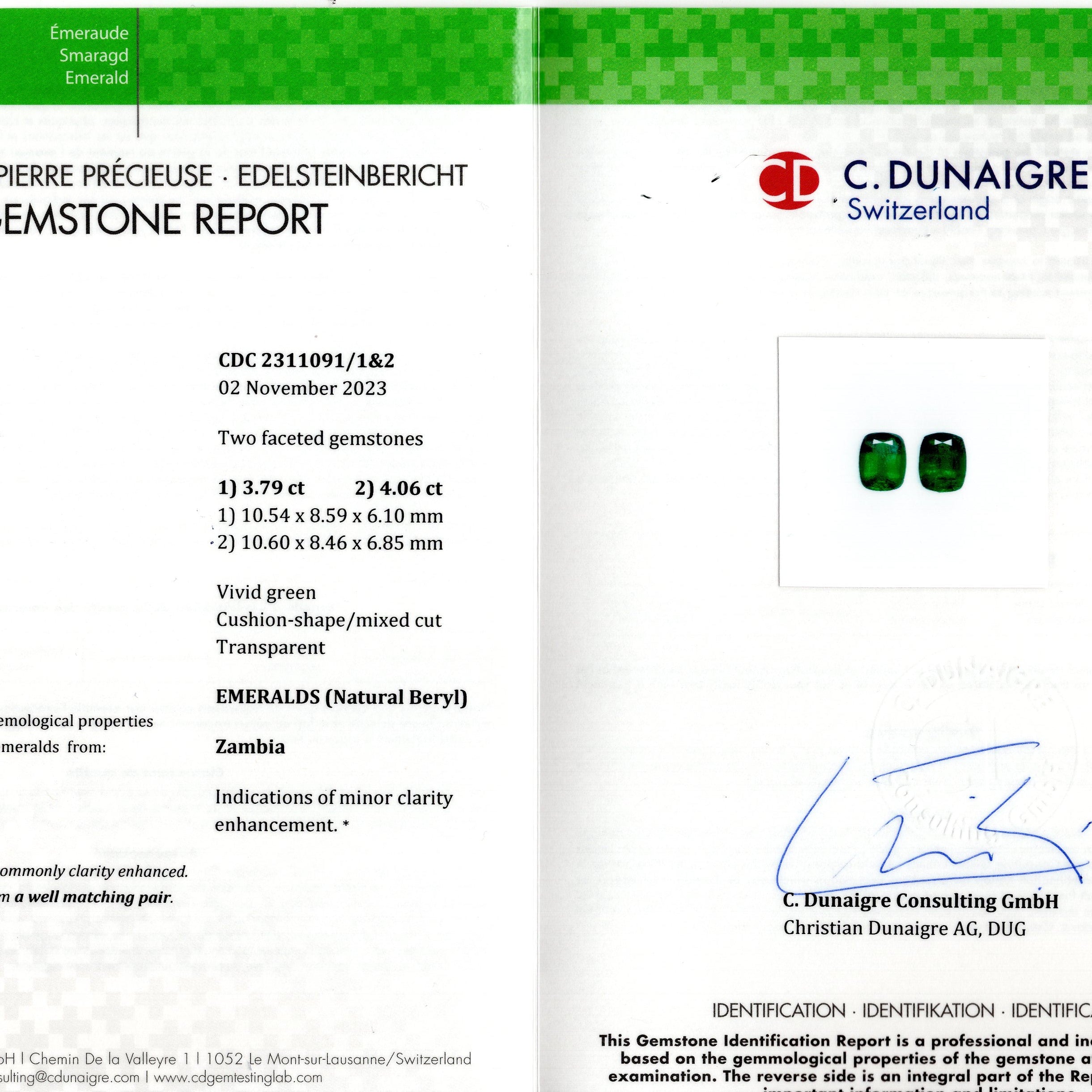 Certificate of authenticity for emerald gemstones, confirming quality and origin, associated with stunning 18K white gold earrings by Vivid Diamonds.