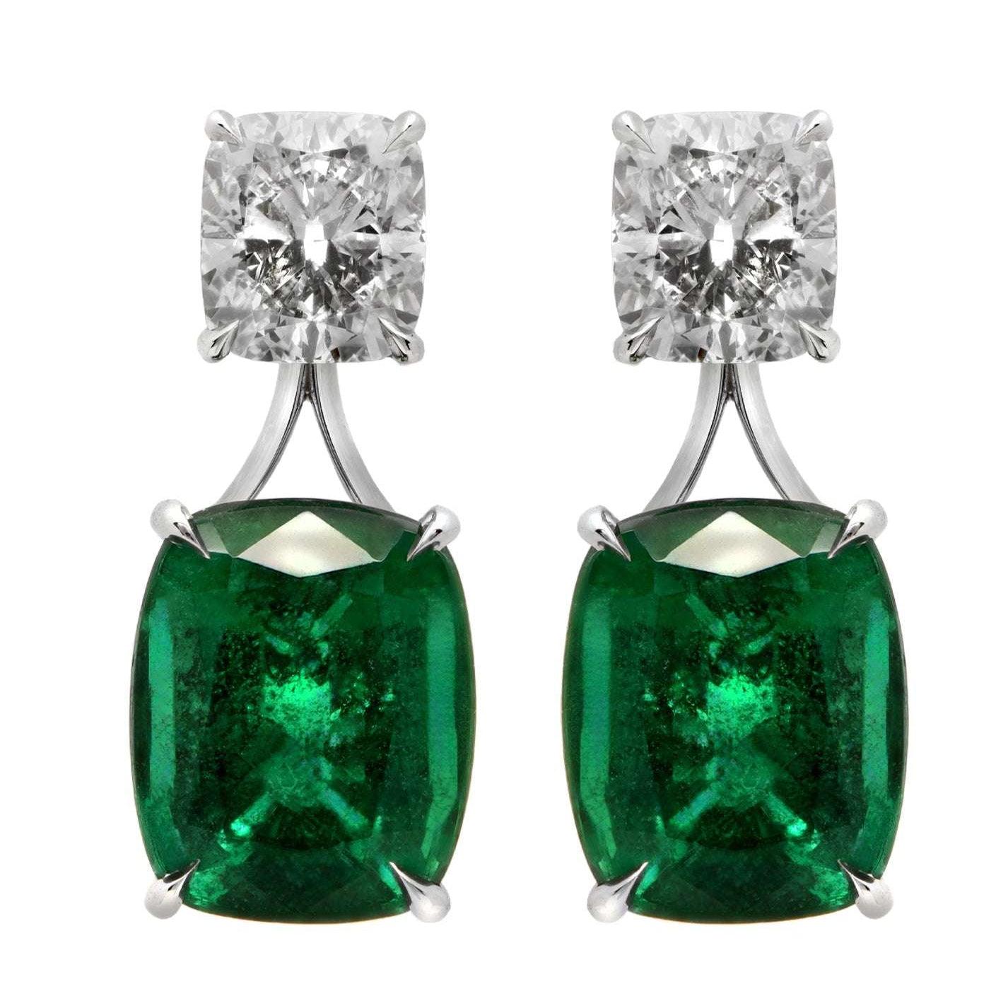 Elegant 18K white gold emerald and diamond dangle earrings showcasing cushion-cut stones, crafted by Vivid Diamonds, total weight 11.93ct.